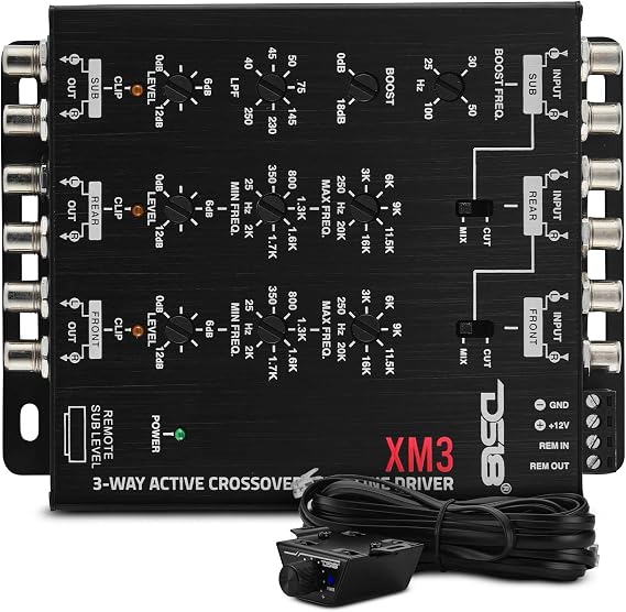 DS18 XM3 3-Way Active Crossover with Line Driver 11V Output, Adjustable Bass Boost (018dB), Remote Subwoofer Control with Clip Indicator, Tiffany RCA Connectors Pro Car Audio Frequency Processor