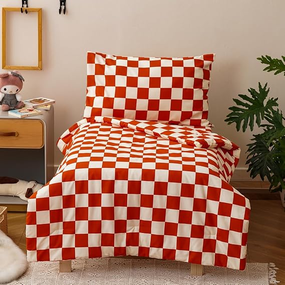 CLOTHKNOW 4Pieces Orange Beige Plaid Toddler Bedding Sets for Boys Girls