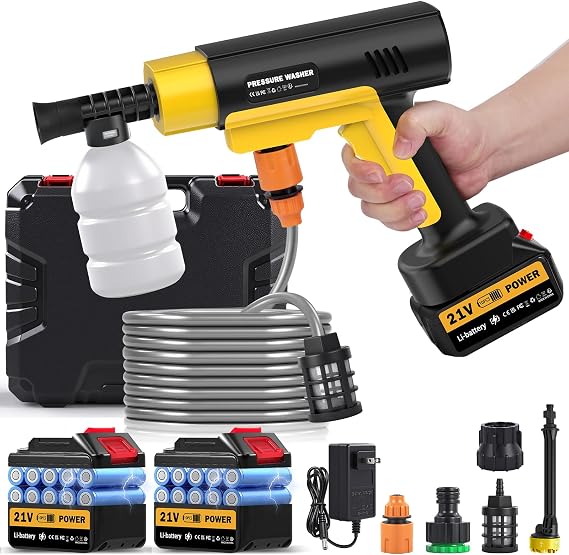 Cordless Pressure Washer, 21V Portable Pressure Washer Cordless, 130Bar Powerful car Washer with 2 * 3.0AhBattery&Multifunctional Nozzle, for Cars/Floors/Gardens