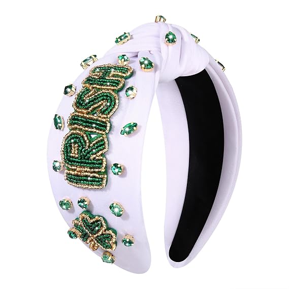 Women's Green Shamrock Rhinestone Knotted Headband - Embellished Hair Accessories for Irish Holiday Outfits and Gifts