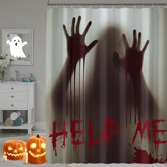 Halloween Shower Curtains for Bathroom, Help Me with Bloody Hands for Scary Halloween Theme Bathroom Decoration, Horror Red Home Waterproof Fabric Bath Curtain, 72x72 Inch