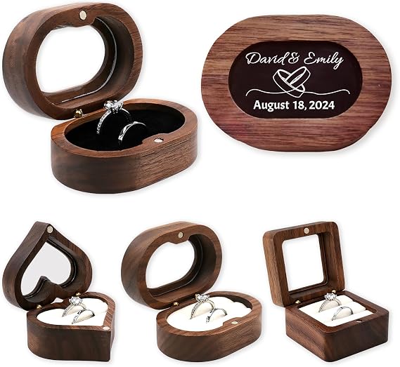 Custom Engraved Ring Box, Personalized Wooden Ring Box with Name/Date/Design for Proposal Wedding Engagement (Oval window cover)