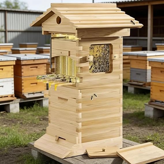 Hive Starter Kit Automatic Beehive Box Set, Complete Bee Hive Boxes with Observation Window and Honey Spout,Complete Beekeeping Wooden Bee Box with 4 Frames & 6 Honeycomb Trays
