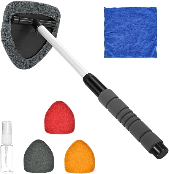 Windshield Cleaner Tool, Car Cleaning Supplies, Extendable Handle Car Window Cleaner with 3 Reusable Cloth Pads, Universal Car Window Cleaner Car Accessories for Trucks, SUVs, Home Windows