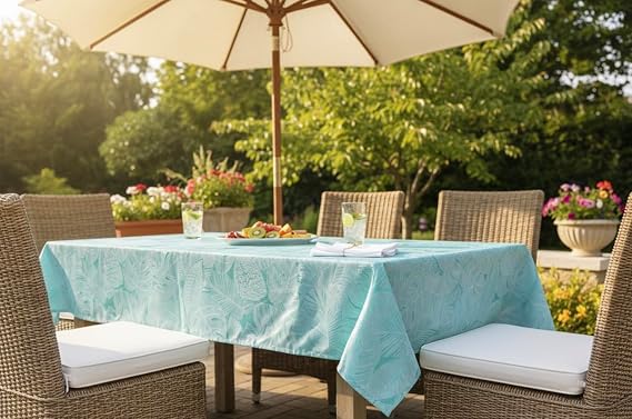 Serafina Home Summer Aqua Green Palm Sketch Umbrella Vinyl Tablecloths: Patio Table Cover with Hole and Zipper Closure for Umbrella, 60" x 84" Inch Rectangle (Palm Aqua)
