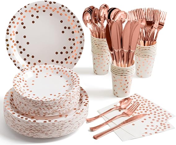 HOMIX 350 Pcs Rose Gold Plates and Napkins Party Supplies, Serves 50 Disposable Paper Plates, Napkins, Cups, Silverwares for Rose Gold Bachelorette Party Decorations