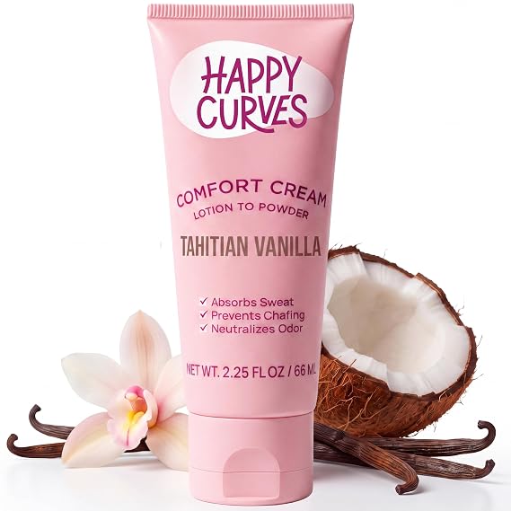 HAPPY CURVES Lotion to Powder Anti Chafing Odor Control Cream for Women: Aluminum-Free Cream for Private Parts, Under Breast, Body 2.25 Fl Oz (1 Pack, Tahitian Vanilla)