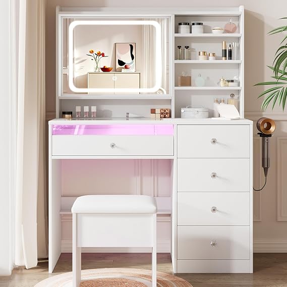 LIVELYGLOW 39.4" White Vanity Desk Set with Glass Desktop & RGB Light Strip