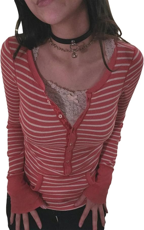 Women Y2k Button up Henley Shirt Fairy Grunge Fall Knit Pullover Tops Striped Long Sleeve Teen Girls Clothes