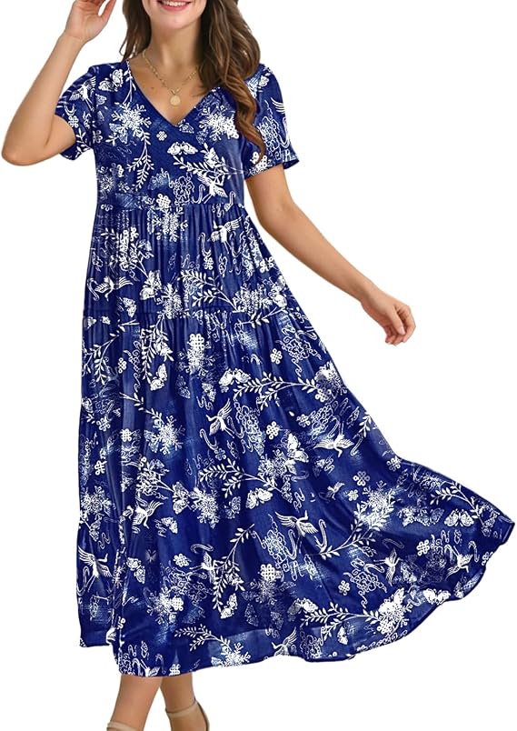 YESNO Women's Summer Maxi Dresses Casual Floral Short Sleeve V Neck Boho Beach Vacation Swing Dress with Pockets EVF