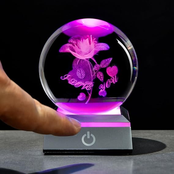 3D Laser Etched Rose Crystal Ball, I Love You Decor Glass Sphere Lamp Night Light, Crystal Rose Flower Figurines Collectibles Gifts for Mom Kids Women Girls