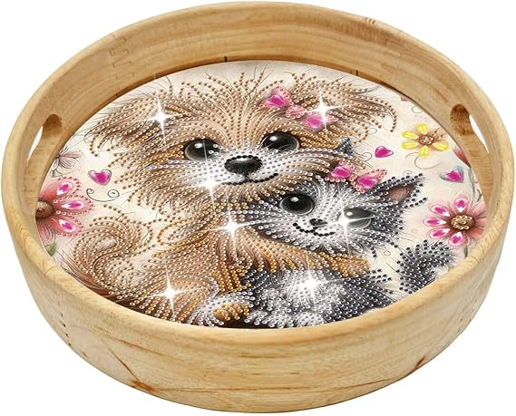 ARTopet DIY Diamond Tray Round Diamond Art Painting Creative Design Handmade Wooden Tray Dinner Plate Diamond Art for Coffee Living Room Home Organizer Diameter 21.5cm