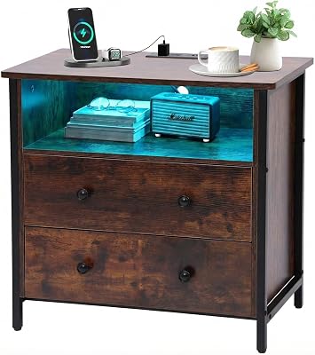 27 Inch Wide Night Stand, Large Wood Night Stand with 2 Drawers, LED Nightstand with Charging Station and Adjustable Drawer, Bedside Table for Living RoomBedroomStudyOffice, Retro.