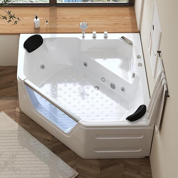 59 in Hydromassage Corner Jetted Bathtub for 2 with LED | 2-Person Corner Jetted Bathtub, LED Chromatherapy, Hydromassage Spa Tub, Acrylic Soaking Bath, White, Home Spa Tub