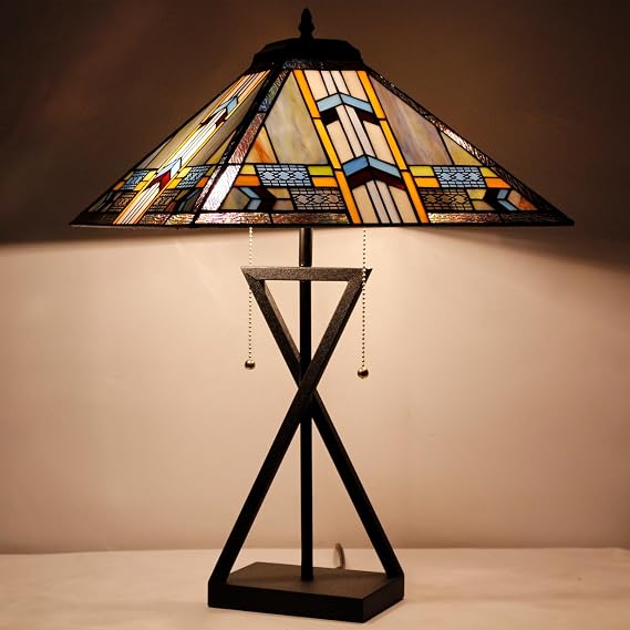 Tiffany Table Lamp Stained Glass Blue Cloudy Mission Style