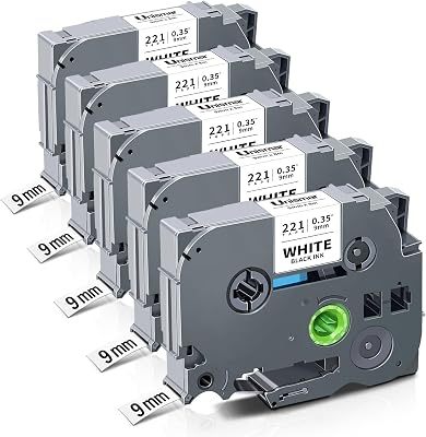 Unismar Tze 9mm 0.35 Laminated White Compatible for Brother TZe-221 TZ-221 Label Tape Work for Ptouch PTD210 PTD220 PTD200 PTH110 PTH100 PTD400 PTD600 PT1280, Black on White 38 x 26.2ft, 5-Pack