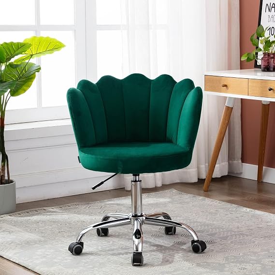 Velvet Desk Chair for Women & Teens, Modern Upholstered Home Office Chair with Rolling Wheels, Adjustable Swivel Green Cute Accent Vanity Chair for Makeup Room, Bedroom, or Living Room