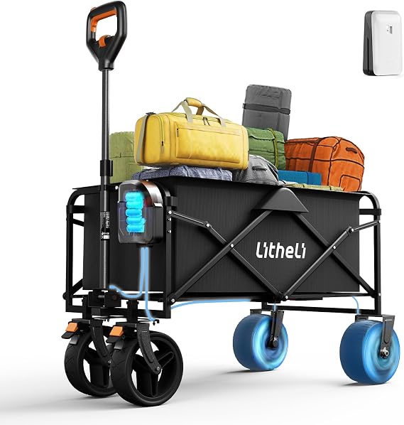 Litheli Electric Collapsible Wagon Cart Foldable, 100L Portable Folding Wagon Cart with Wheels, Outdoor Lightweight Utility Carts for Beach Grocery Camping Shopping