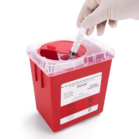 Alcedo 2 Quart Sharps Container (1-Pack) for Needle & Syringe Disposal | Small & Portable, Built-In Needle Removal Port, Clear Lid, Ideal for Home, Travel & Professional Use