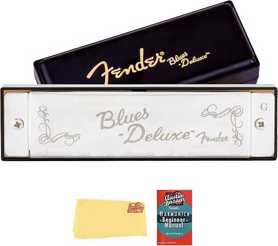 Fender Blues Deluxe Harmonica - Key of G Bundle with Carrying Case, Austin Bazaar Online Manual, and Polishing Cloth