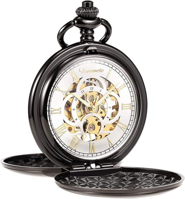 TREEWETO Men's Mechanical Pocket Watch Vintage Steampunk Smooth Double Case Roman Numerals Fob Watches for Men Women with Chain Box