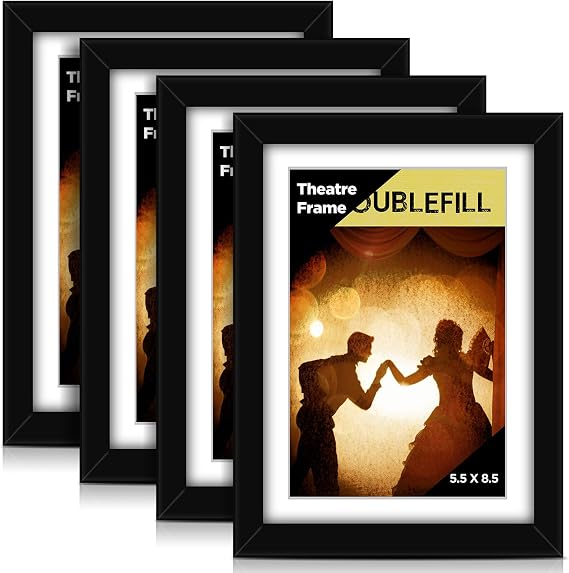 DoubleFill 4 Pcs Black Theatre Frame with Mat Fit 5.5x8.5 Inch, White