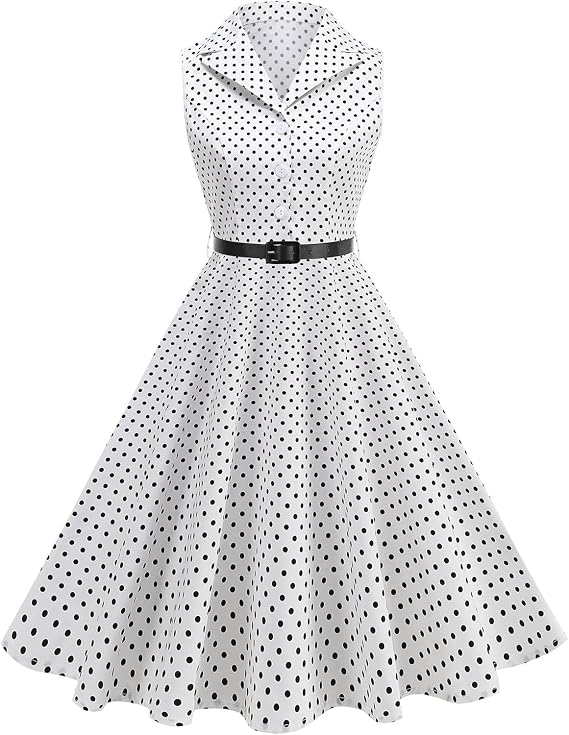 Women's 1950s Retro Polka Dot Vintage Dress Sleeveless Cocktail Prom Swing Midi Belt Dresses Notched Lapel