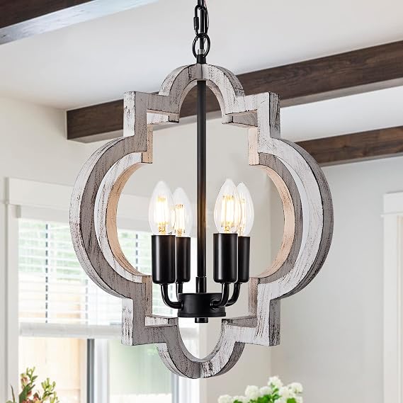 4-Light 15" Farmhouse Orb Chandelier Rustic Handmade Distressed White Wood Hanging Ceiling Pendant Light Fixture Wood Lantern Chandeliers for Dining Room Kitchen Bedroom Foyer Hallway