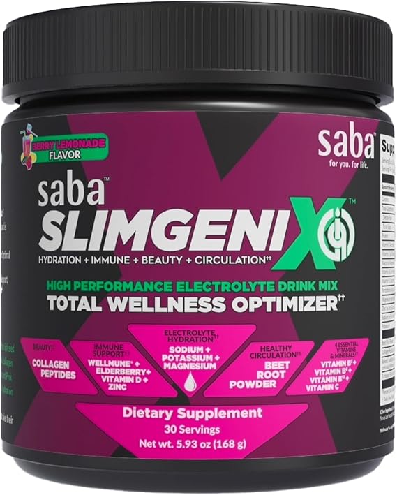Saba SlimGenix IQ Electrolyte Powder Drink Mix Hydration + Immune Support with Wellmune, Vitamin C & Zinc | Energy, Recovery & Daily Hydration | Berry Lemonade | 30 Servings