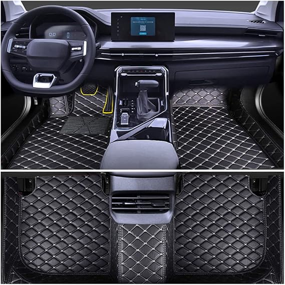 Leather Car Floor Mats for Explorer Sport Trac 2007-2010 Front & Rear Full Coverage Liner/Set (Black Beige)