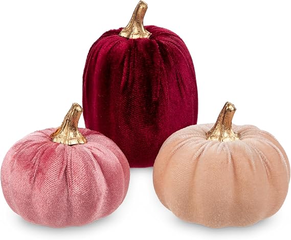 Artificial Mini Velvet Pumpkins Fall Decor - 3 PCS Faux Fabric Foam Red & Pink Pumpkins DIY Decorative for Autumn Harvest Table Centerpieces Farmhouse Halloween Thanksgiving Wedding Home Decorations