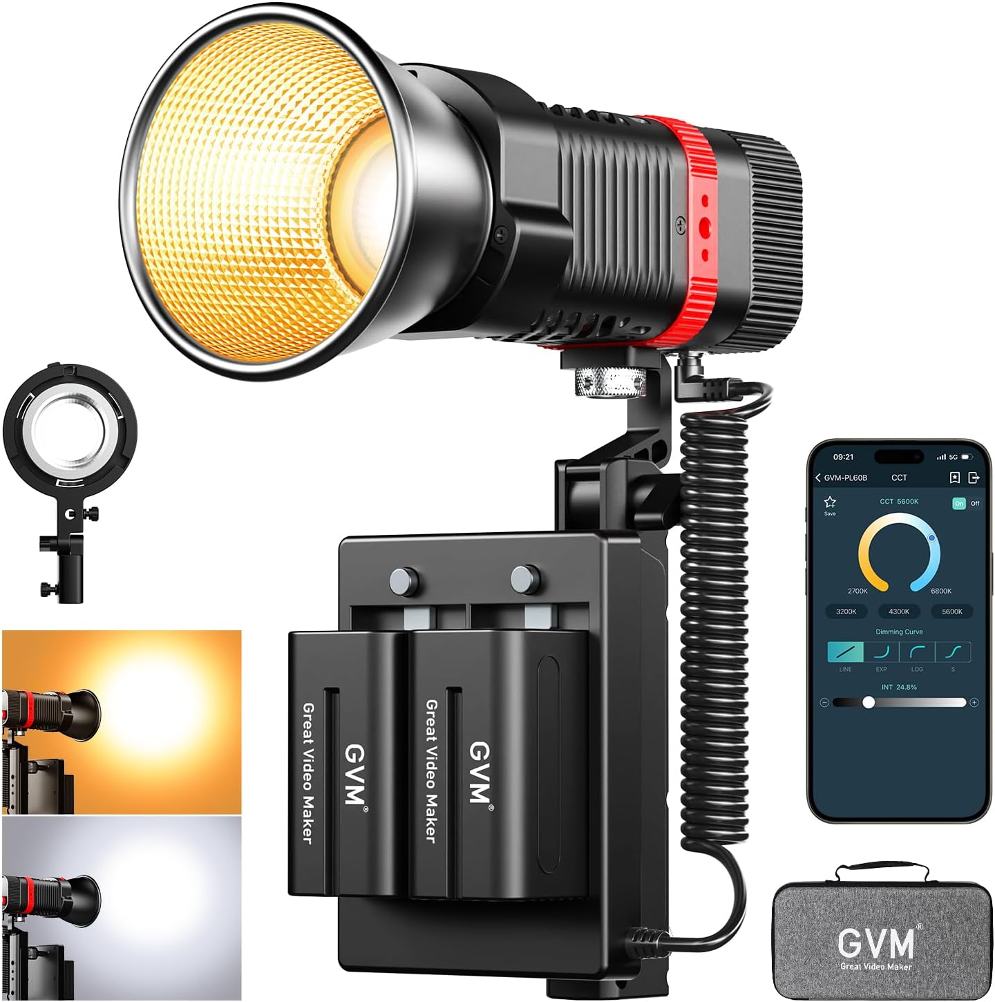 GVM 60W Video Light for COB Studio Lights, Portable Photography Lighting for Recording, Bowen Mount Adapter with Led Video Lighting, 2 Batteries, Spotlight for APP, Outdoor, 2700-6800K