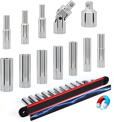 12-Piece 14 Drive SAE Long Socket Set 316 - 916 with 1 Piece Magnetic Organizer Rail Rack, Premium 6-Point Deep Socket Assortment with 38 to 14 Adapter and 14 Universal Joint Red