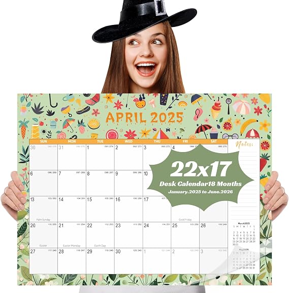Gannyfer Large Desk Calendar 2025-2026 - 18 months from Jan 2025 to Jun 2026, 22" x 17" Desktop/Wall Pad Calendar with to-do List, Thick Paper with Plastic Cover, Large Ruled Blocks - Snow (2 Binder Clips Included)
