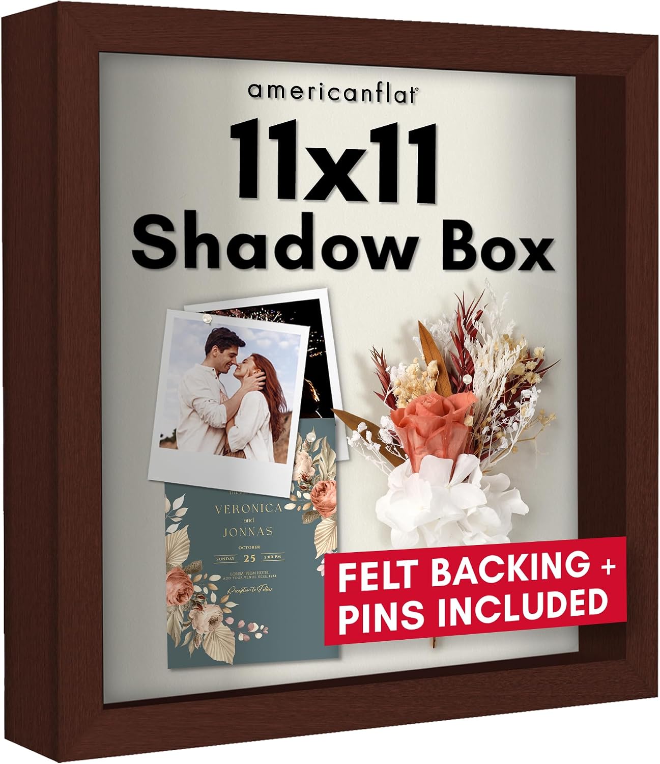 Americanflat 11x11 Shadow Box Frame with Shatter-Resistant Glass - Silhouette Collection - Large Shadow Box Display Case for Tabletop and Wall Display - Mahogany with Soft Felt Back