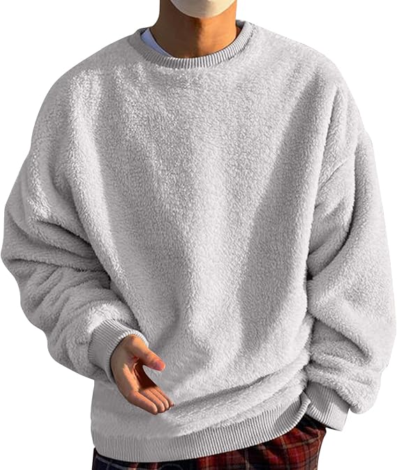 Alalaso Warm Fuzzy Sweatshirts for Men Winter Sherpa Fleece Crewneck Pullover Sweatshirt Casual Plus Size Solid Color Tops
