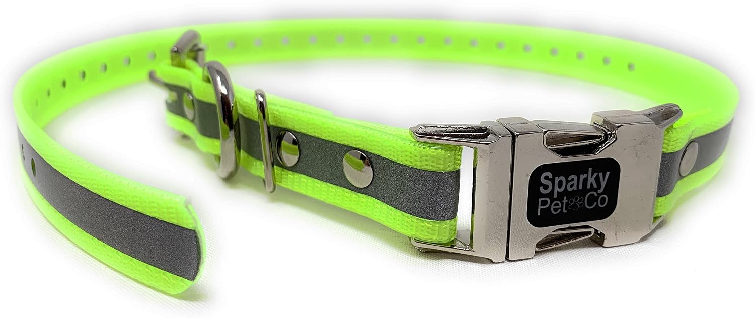 Sparky Pet Co - Apollo E Collar Replacement Strap - Dog Collar - Waterproof Biosen - Adjustable - Double Buckle - Quick Snap Metal Clasp - For Invisible Fence System - 3/4 Inch x 28 Inch Reflective Yellow
