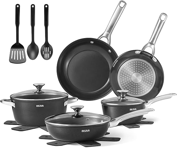 BEZIA Induction Cookware Set 15-Piece, Pots and Pans Set Non Stick with Ceramic Coating, Induction Pots Set with Stainless Steel Handles & Lids, Oven Safe, Compatible with All Stoves