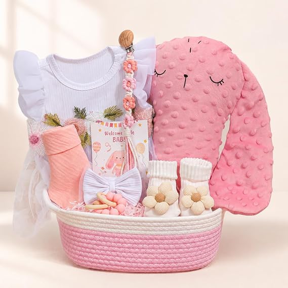 Baby Girl Gifts Basket Newborn Baby Girl Essentials Set with Dress Pink Bunny Comfort Toy,Pacifier Clip,Baby Socks,Bib,Baby Shower Gifts for Girls