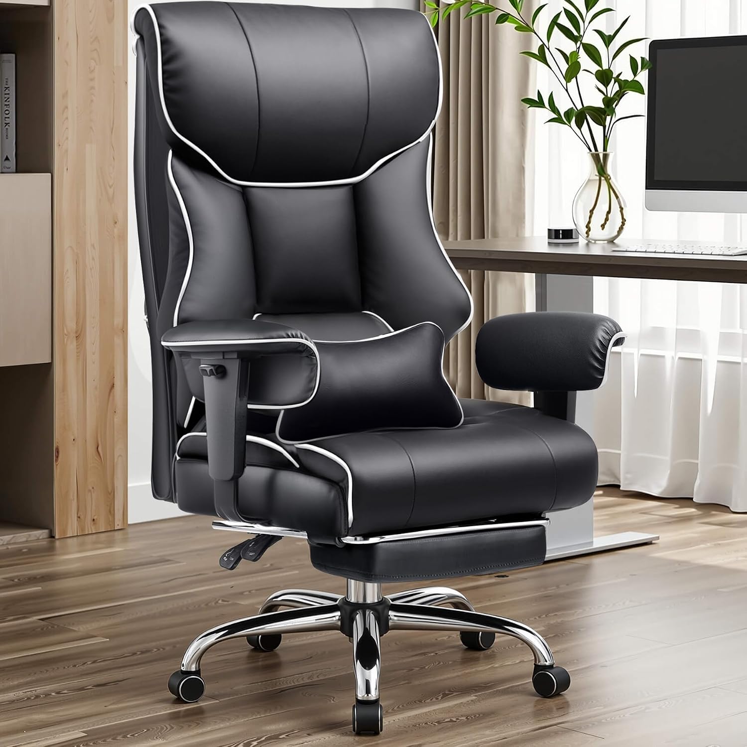 COMHOMA Big and Tall Office Chair 400lbs High Back Leather Executive Chair with Ergonomic Lumbar Support & Pocket Spring Cushion for Lower Back Pain Relief, White Black