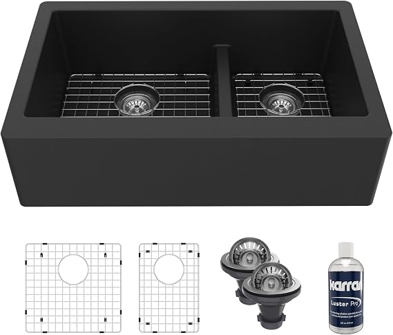 Karran QA-760 34" Undermount Large/Small Bowl Quartz Farmhouse Kitchen Sink Kit in Black