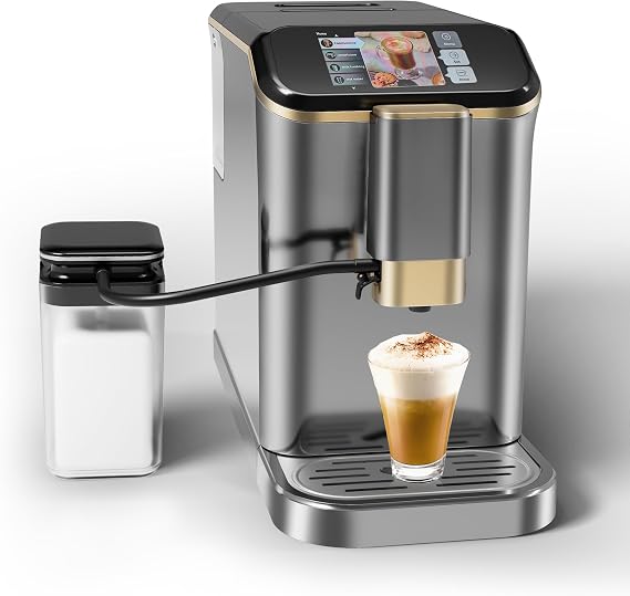 Fully Automatic Espresso Machine with Milk Frother, 4-Beverage Cappuccino Coffee Machine with Built-in Grinder and Intuitive Touch Display, Coffee Maker Latte Machine, Gold