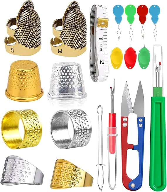 CousDUoBe 20 Pcs Sewing Thimble Kit,thimbles for Hand Sewing,Needle threaders,Seam Rippers for Sewing,Measuring Tape and Thread Snips, Hand Embroidery Craft(Complete Sewing Kit)