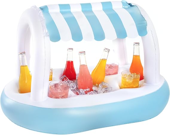PoolCandy Inflatable Floating Buffet Bar, Blue & White Cabana Stripes