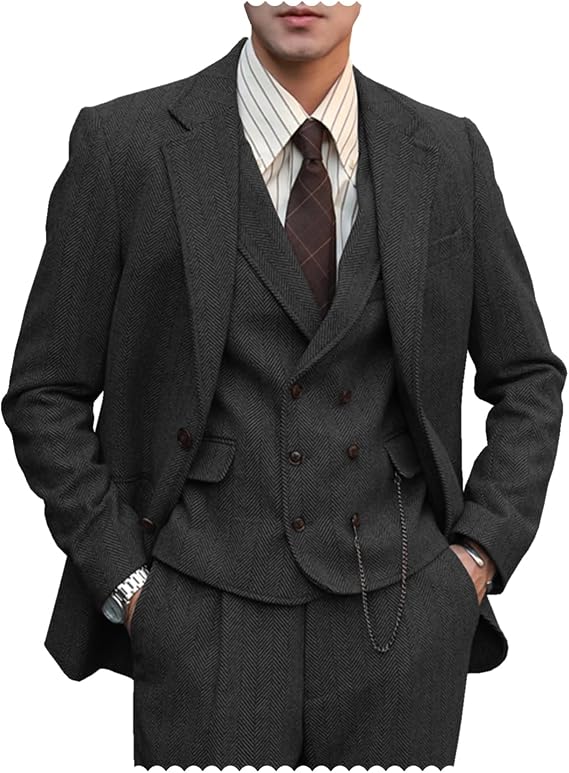 Mens Formal Tweed Wool 3 Piece Wedding Slim Fit Suit Prom Tuxedos Groomsmen