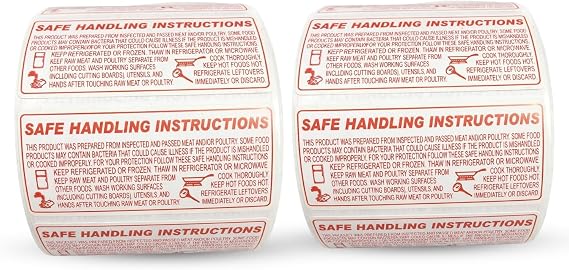 Aquos Food Safe Handling Instruction Labels for Meat | 2.25" x 1.125" Informational Food Safety Labels | Strong Adhesive Rolls | 1000 Labels Per Roll | Made in USA (2 Rolls)