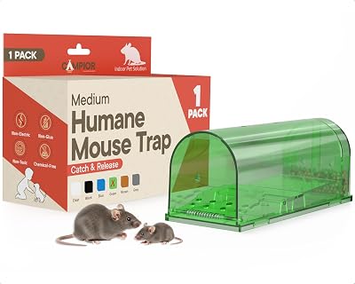 Humane Mouse Trap Pack of 1, Live Mouse Traps Catch and Release for Indoors & Outdoors, Pet & Child Safe, 6.69 Reusable Plastic Mouse Cage with Spring Door, Cleaning Brush Included, Green