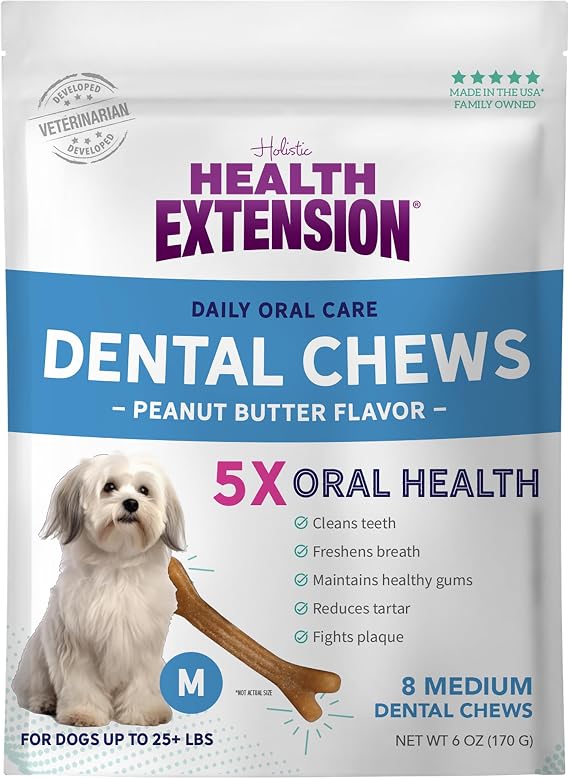 Health Extension Peanut Butter Dental Bones for Dogs, 8 Medium Bones, Healthy Gums, Freshens Breath, Cleans Teeth, Training or Reward, 6 oz Bag (Pack of 1)