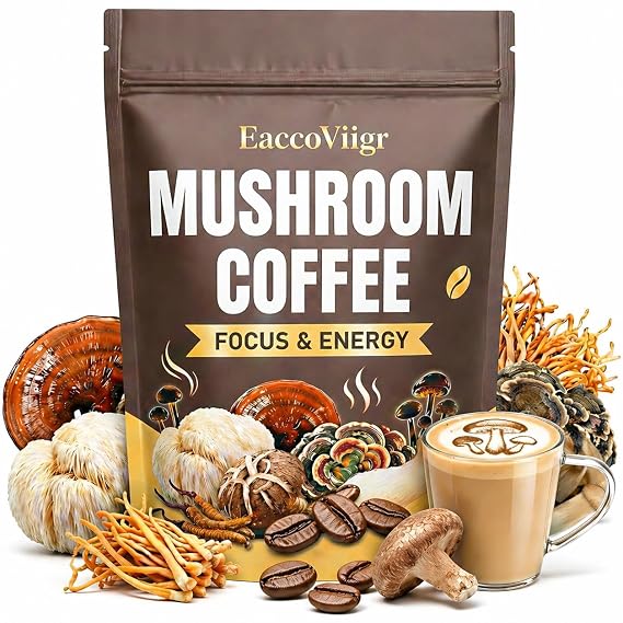 EaccoViigr Instant Mushroom Coffee, 30 Servings Organic Arabica Coffee with 6 Adaptogenic Mushrooms (Cordyceps, Ganoderma, King Oyster, Shiitake, Turkish, Lion's Mane) for Focus, Energy & Vitality - 180g / 6.35oz