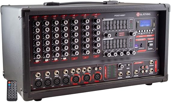 BLASTKING POD740BT 7-Channel Powered Mixer with Bluetooth, MP3 Player and Equalizer EQ with 32-Bit Digital Multi-Effects Processor Offers 16 Programs